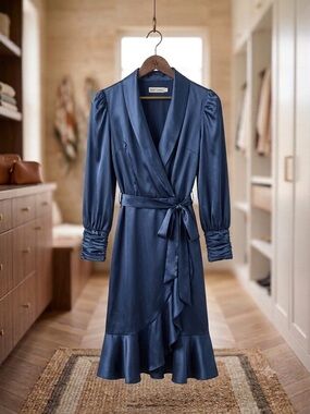 Zimmerman inspired Silky Navy Wrap Dress with Ruffle Hem